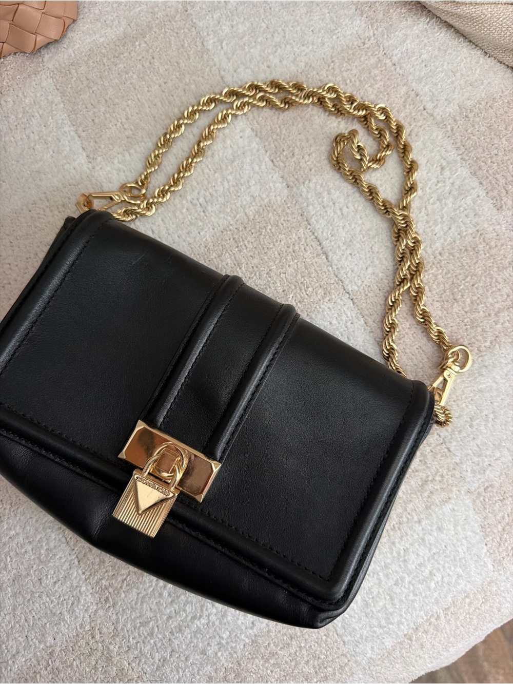 Classic Black Leather Shoulder Bag with Gold Chain